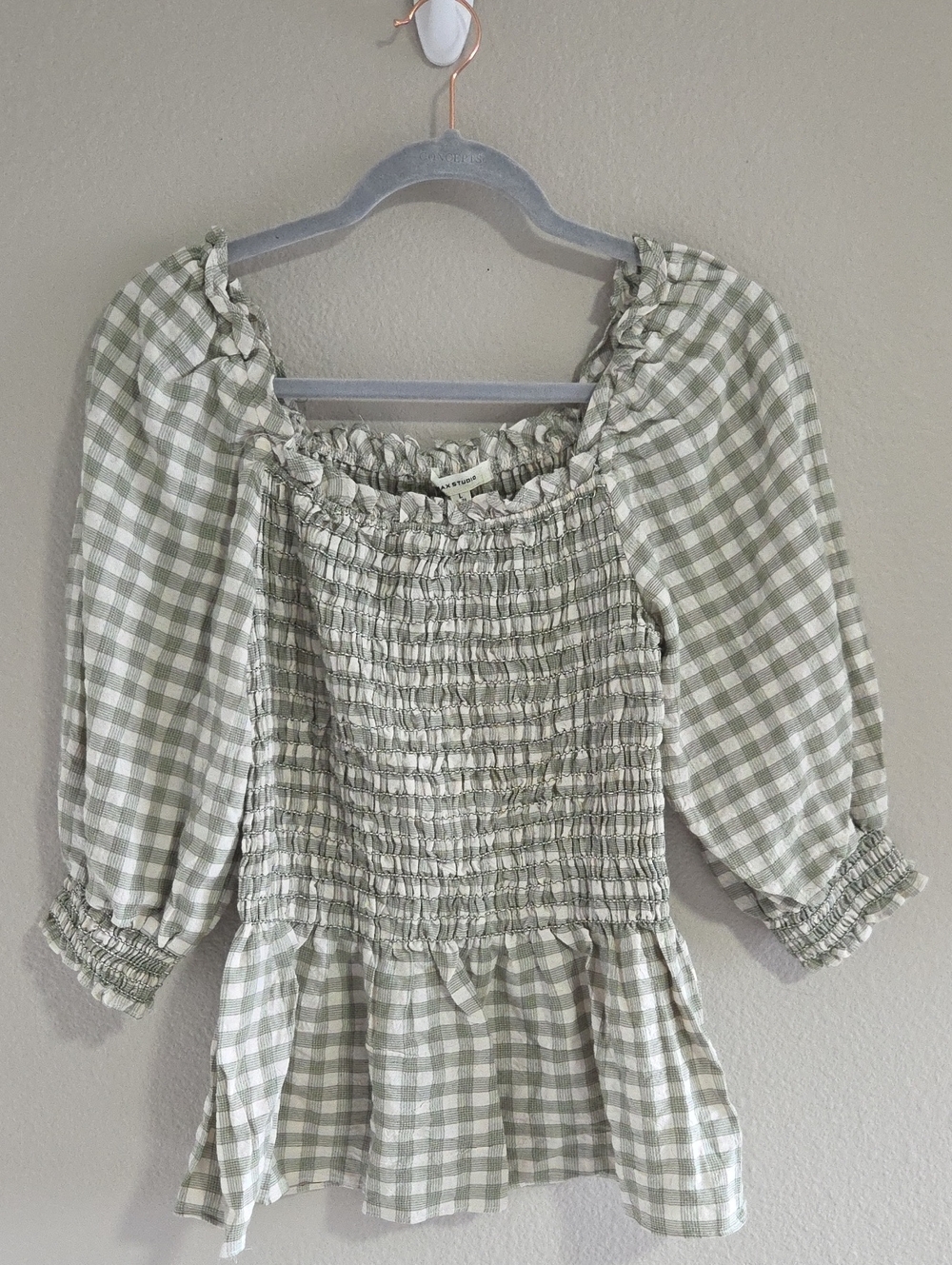 NWT Max Studio Green Gingham Smocked Peplum Blouse Puff Sleeve Large